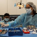 Two dental assistants, wearing blue gowns, masks, and caps, prepare surgical instrument trays on a blue-draped table.